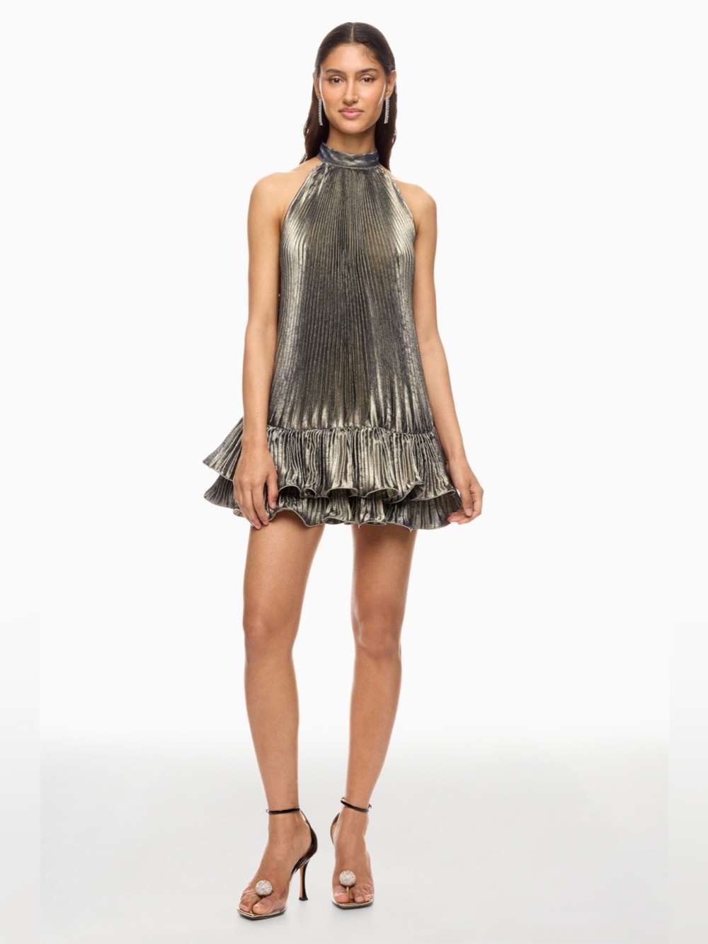 L'IDEE Lidee Soleil Mini Dress Sz M US 6 Pleated Tiered Silver metallic Shimmer